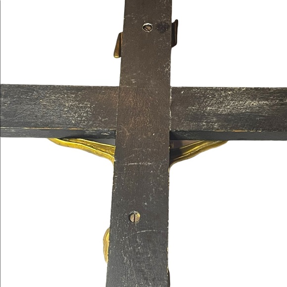 Antique Black Oak wood Victorian Heavy Brass Crucifix Religious Jesus Wall hang - Picture 10 of 16